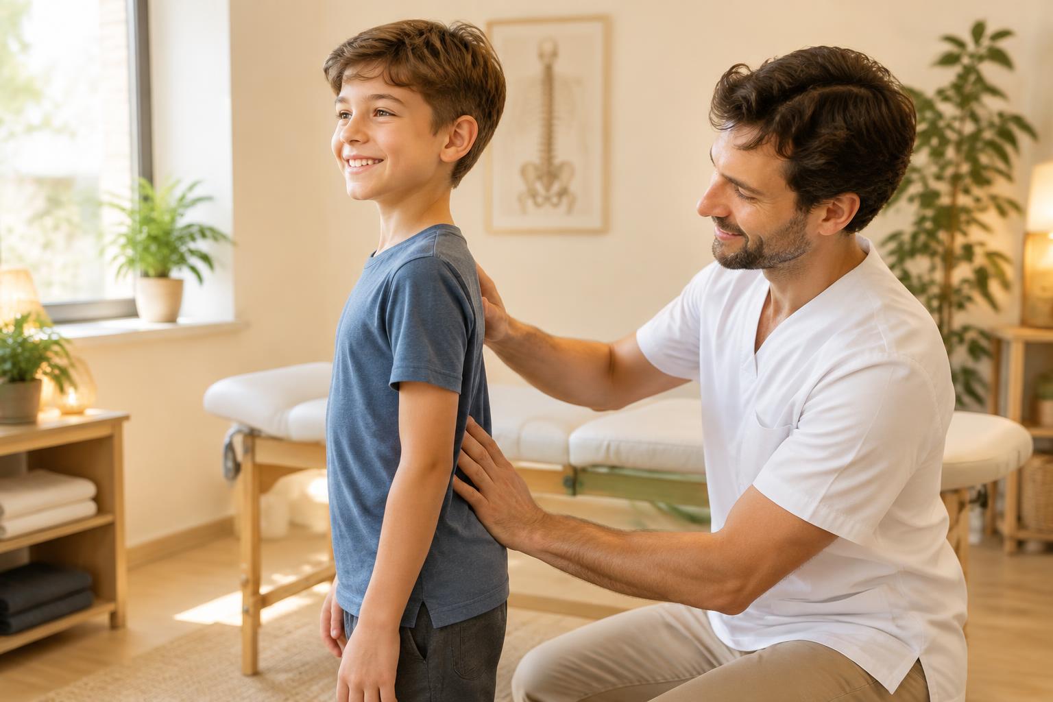 Ostéopathe vérifiant la posture d'un enfant souriant
