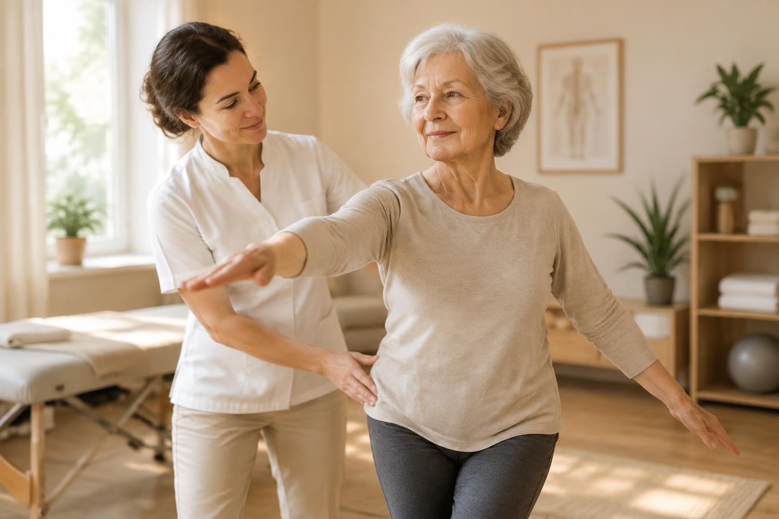 Ostéopathe guidant une patiente senior dans un exercice d'équilibre