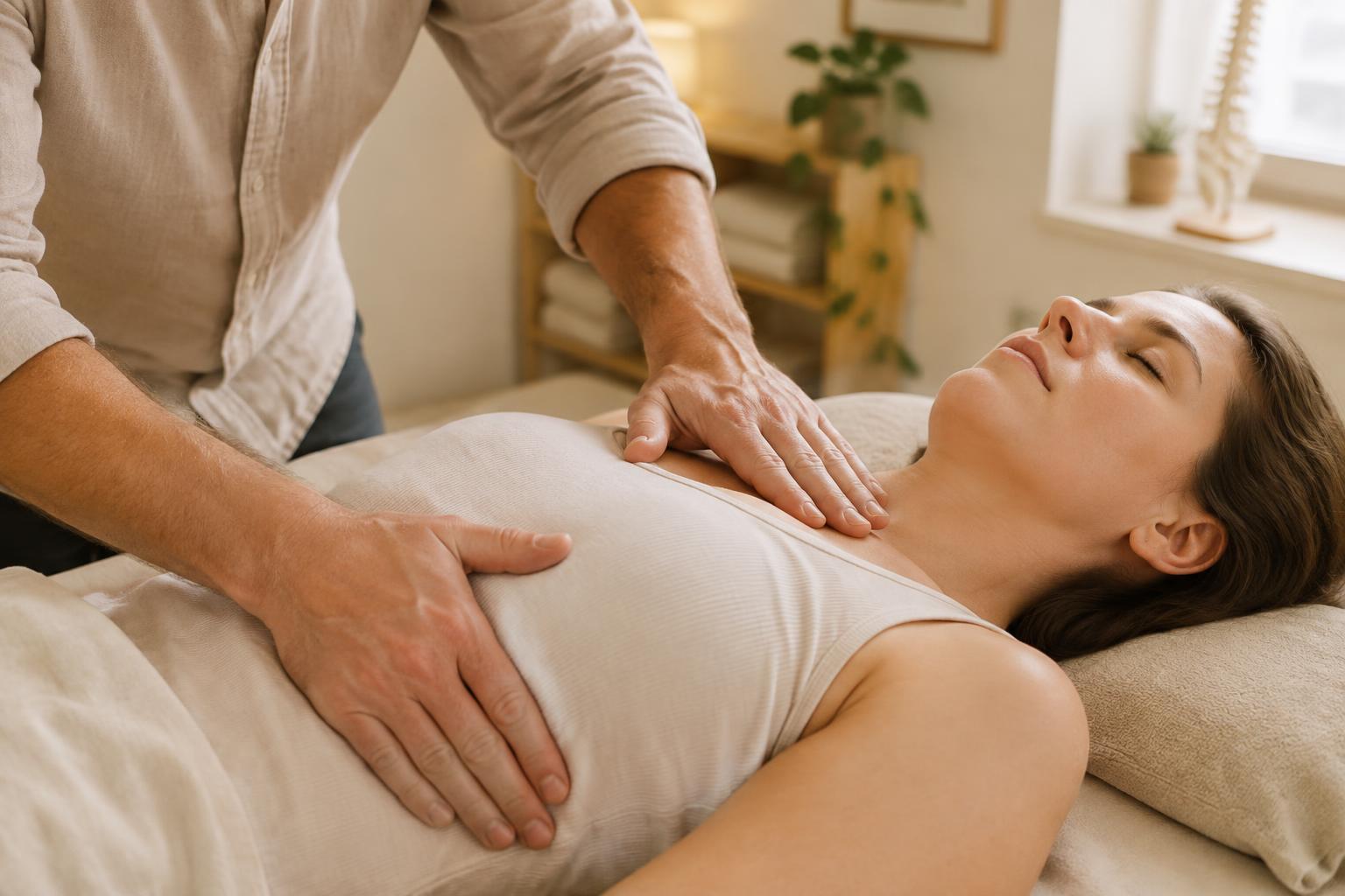 Mains de l'ostéopathe posées délicatement sur le thorax d'une patiente pour libérer la respiration