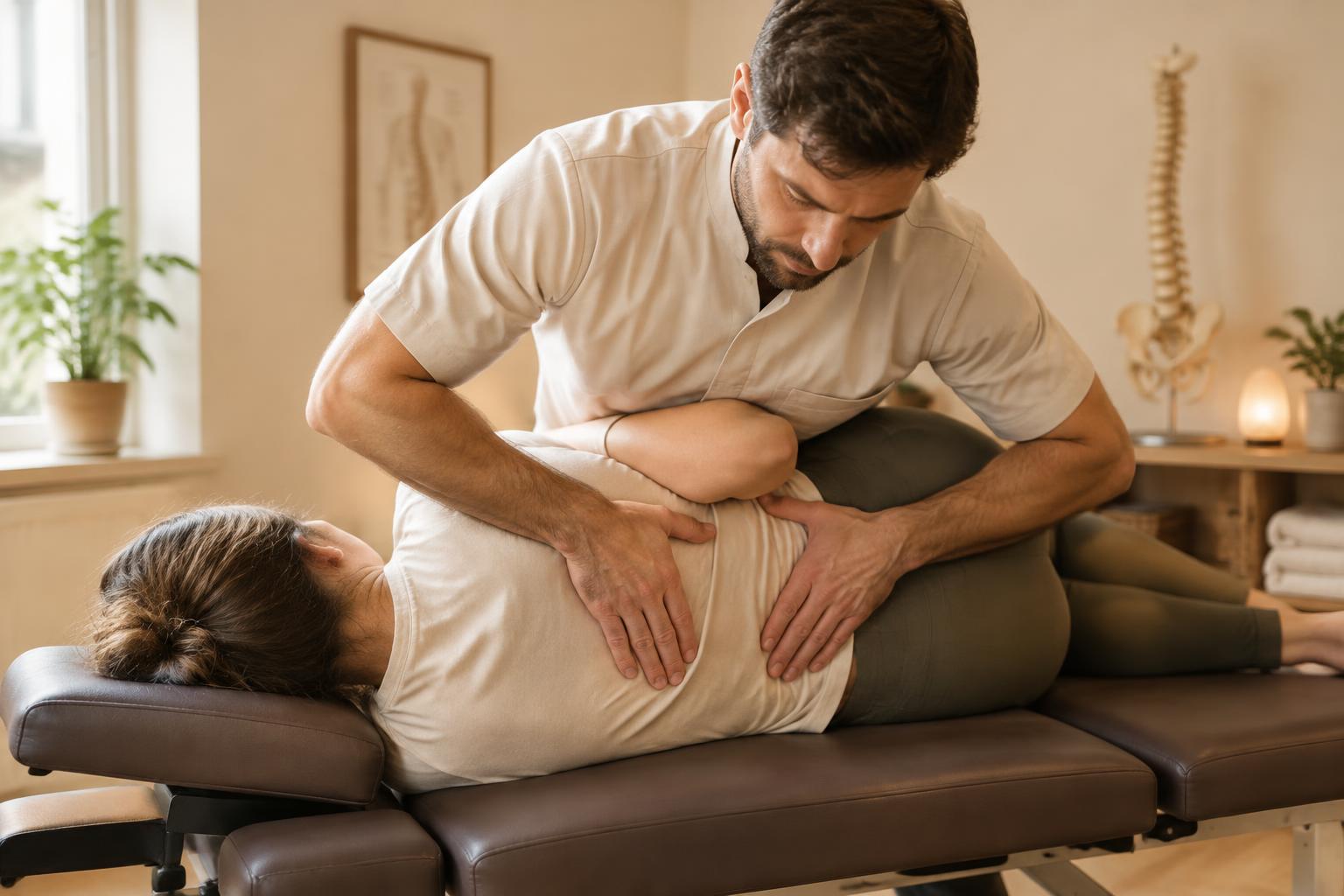 Ostéopathe réalisant une manipulation précise du dos d'un patient allongé sur le côté