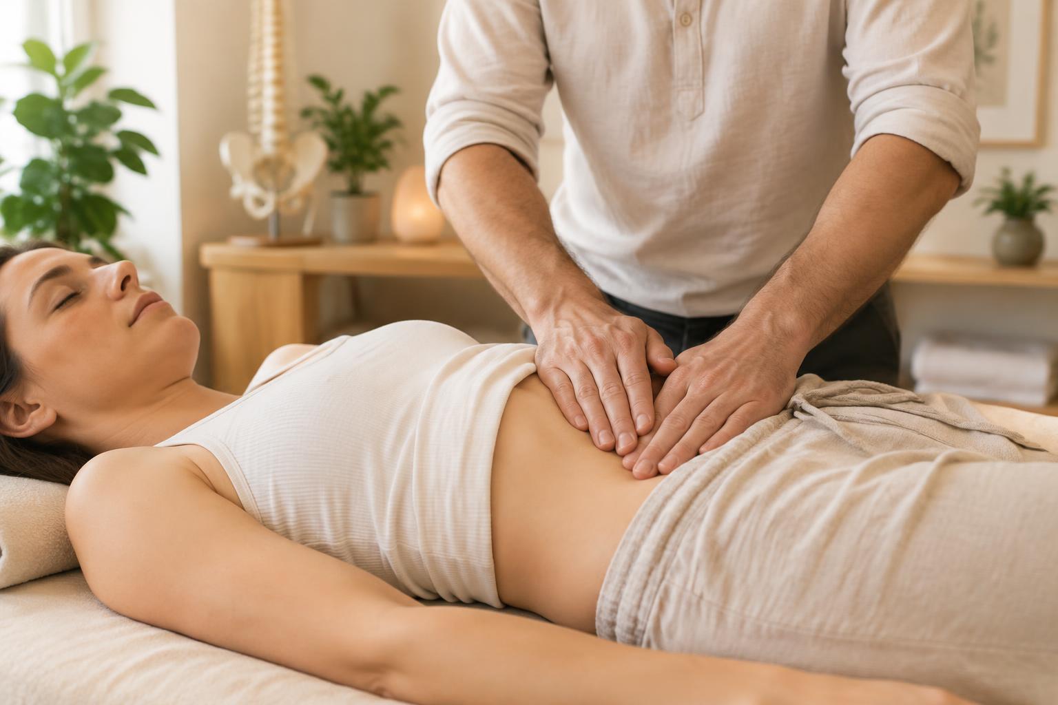 Pressions douces de l'ostéopathe sur l'abdomen d'une patiente détendue